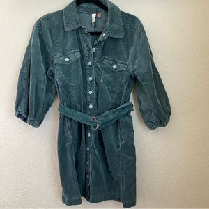 Anthro Pilcro Lysette Corduroy Mini Shirtdress green belted ribbed size 2